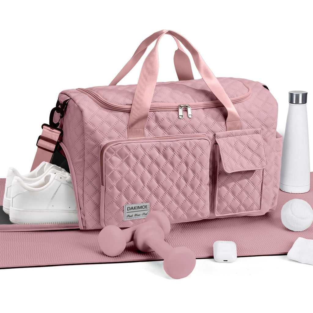 Travel Duffle Bag for Women Men, Weekender Bags Carry on Gym Bag with Wet Pocket/Adjustable Strap/Shoe Compartment, Foldable Waterproof Overnight Tote Bag for Plane Sports Dance, Pink