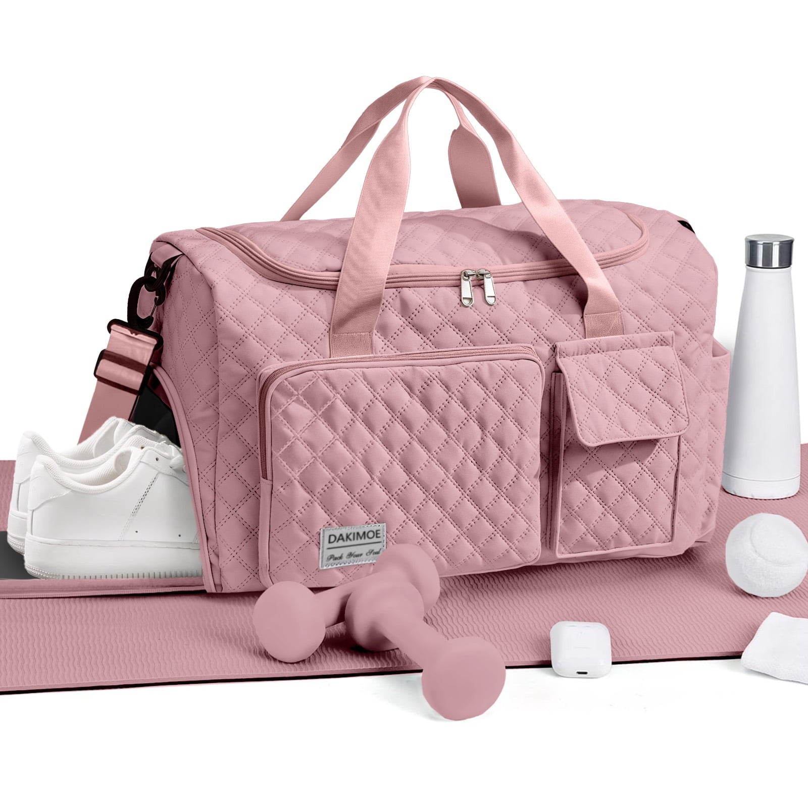 Travel Duffle Bag for Women Men, Weekender Bags Carry on Gym Bag with Wet Pocket/Adjustable Strap/Shoe Compartment, Foldable Waterproof Overnight Tote Bag for Plane Sports Dance, Pink