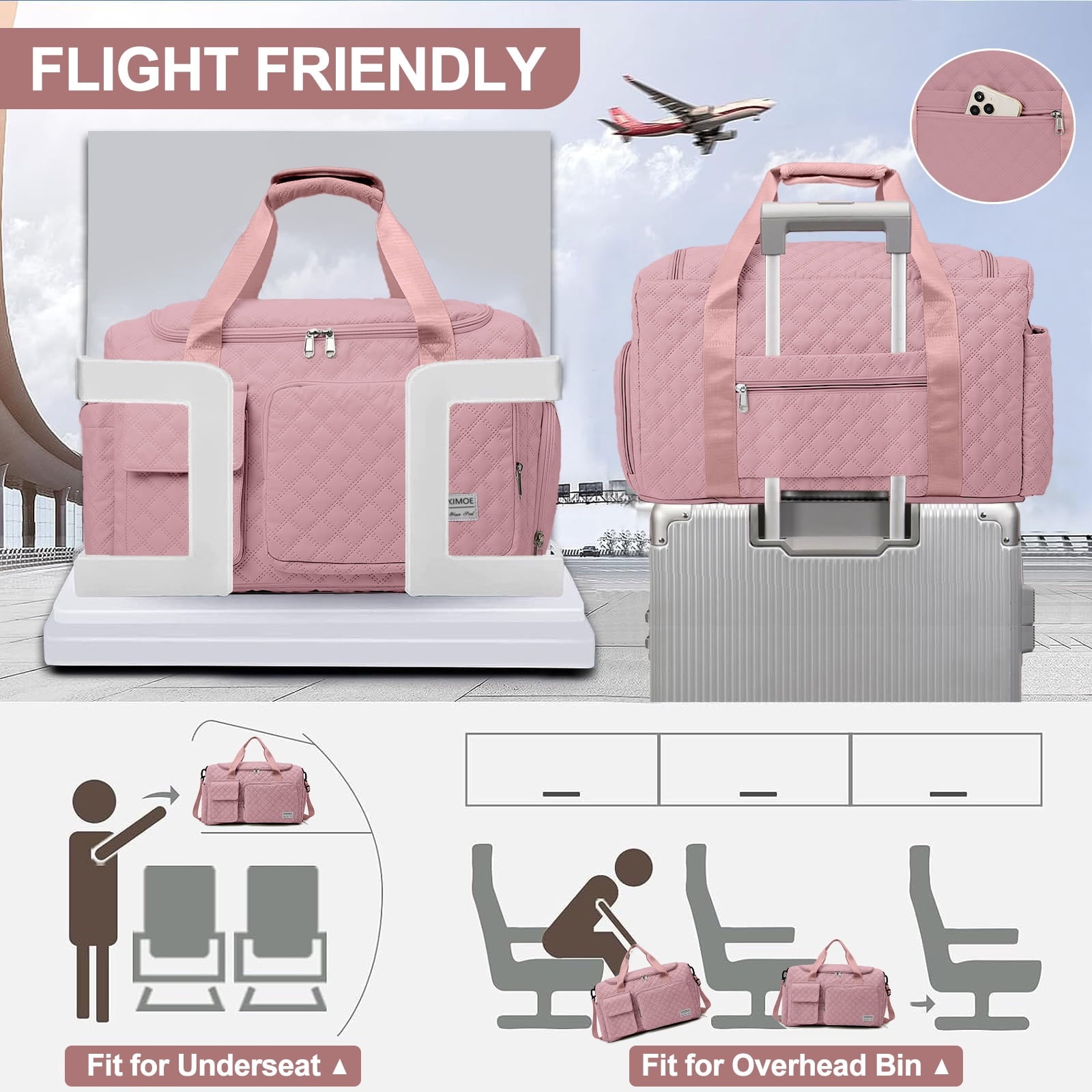 Travel Duffle Bag for Women Men, Weekender Bags Carry on Gym Bag with Wet Pocket/Adjustable Strap/Shoe Compartment, Foldable Waterproof Overnight Tote Bag for Plane Sports Dance, Pink