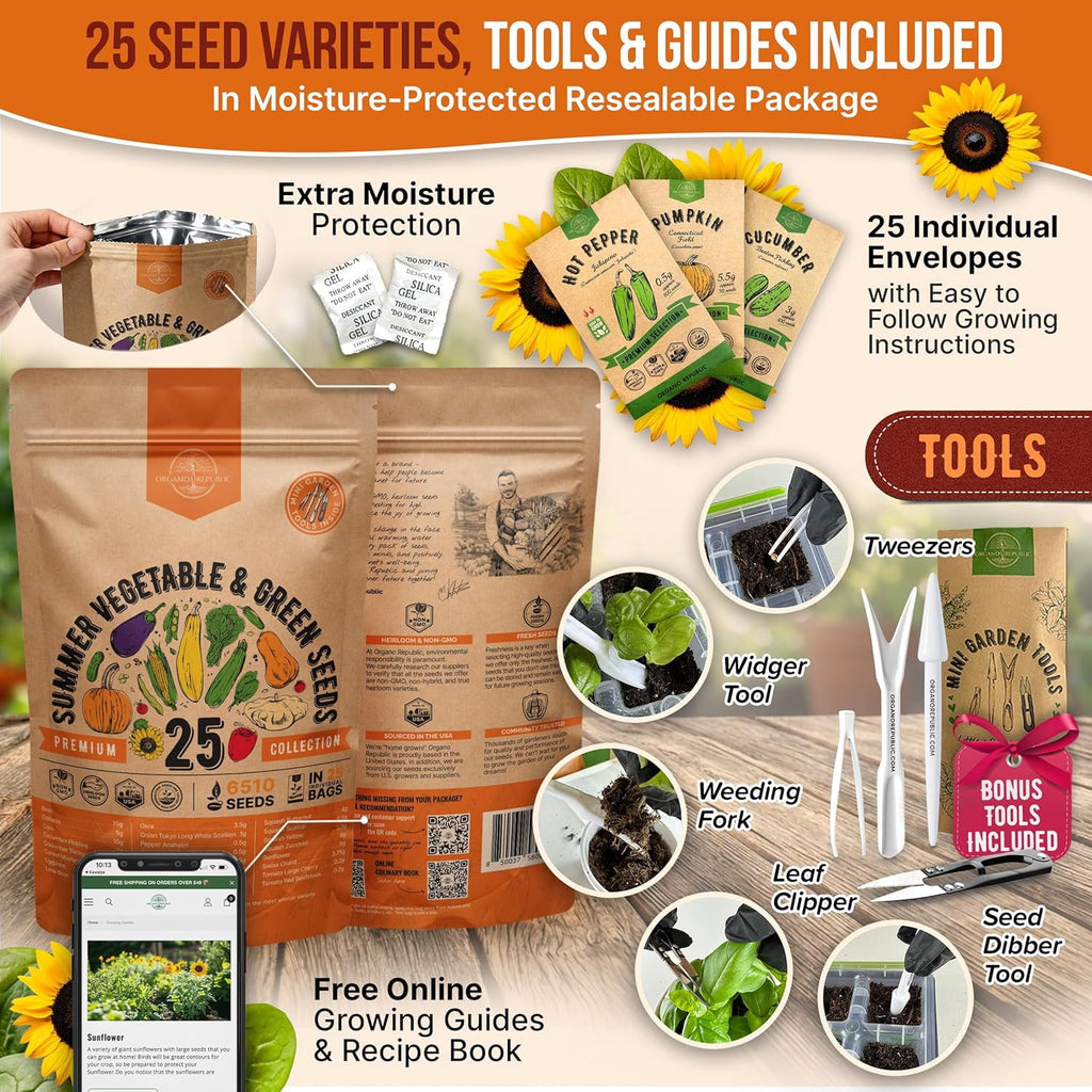 - 25 Summer Vegetable & Greens Seeds Varieties - 6,510+ Non GMO Heirloom Garden Seeds